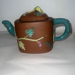 Antique Yixing Zisha Teapot With Colorful Glaze Of Grape vine and squirrel